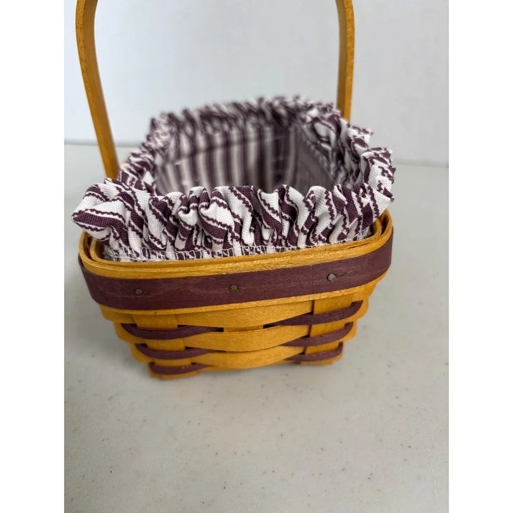 Longaberger Handwoven Basket‎ 1998 Burgundy Purple Ticking Liner Heart Charm USA
